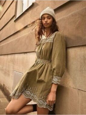 Madewell Olive Mini Dress with White Eyelet Trim